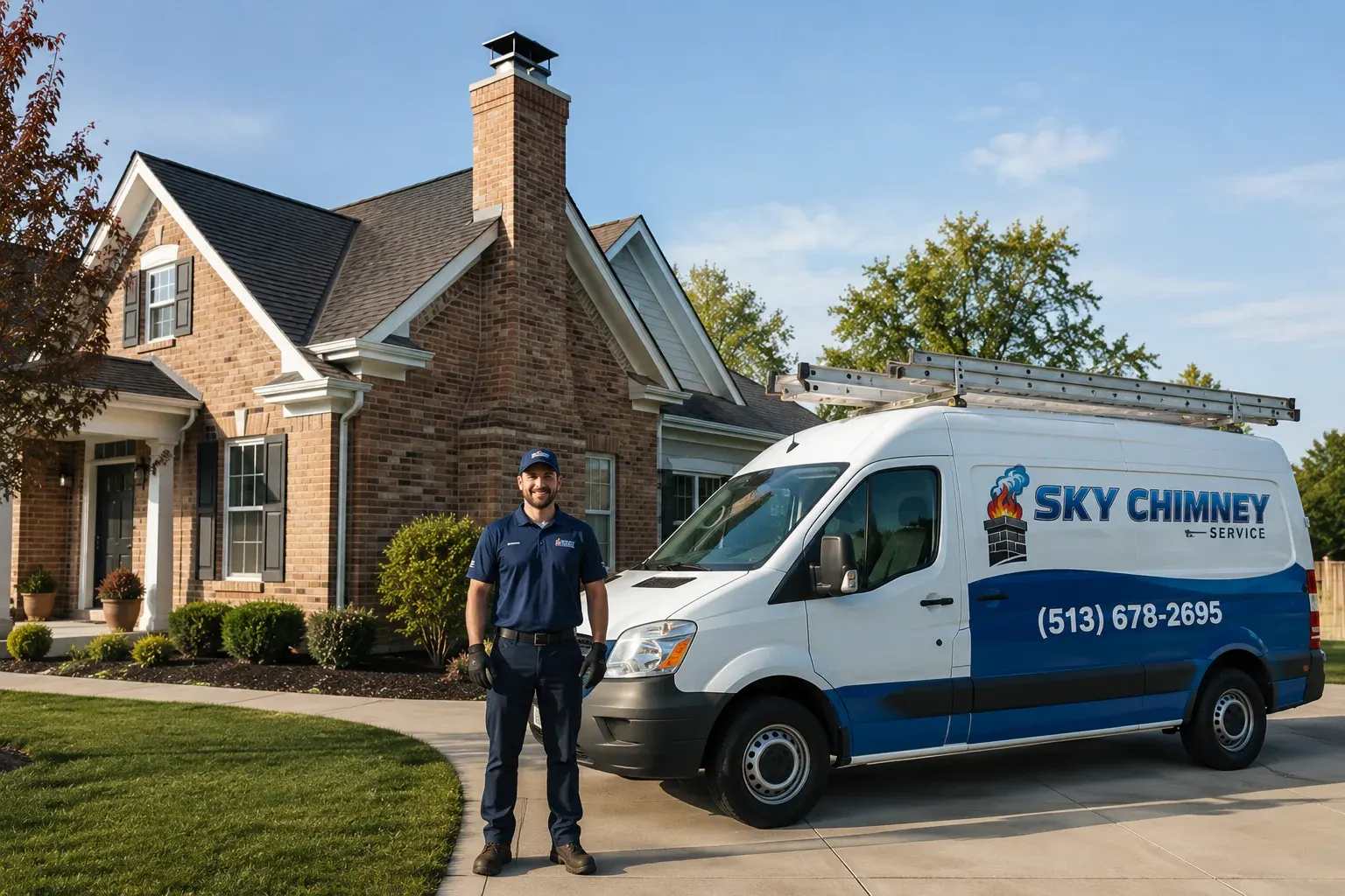 Sky Chimney Service technician and branded van in Cincinnati OH